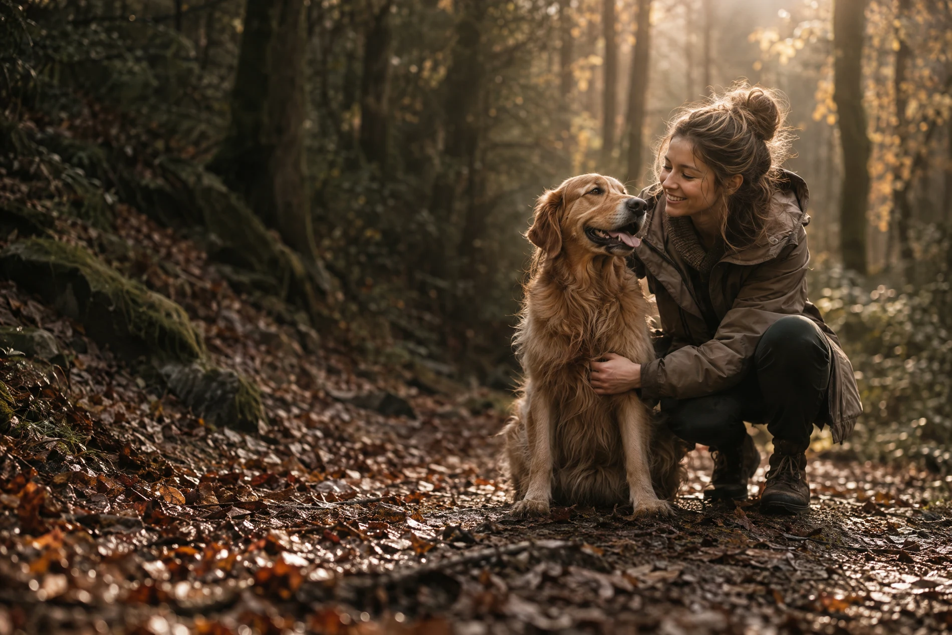 Ein vertrauter Moment zwischen Mensch und Hund auf einem Waldspaziergang