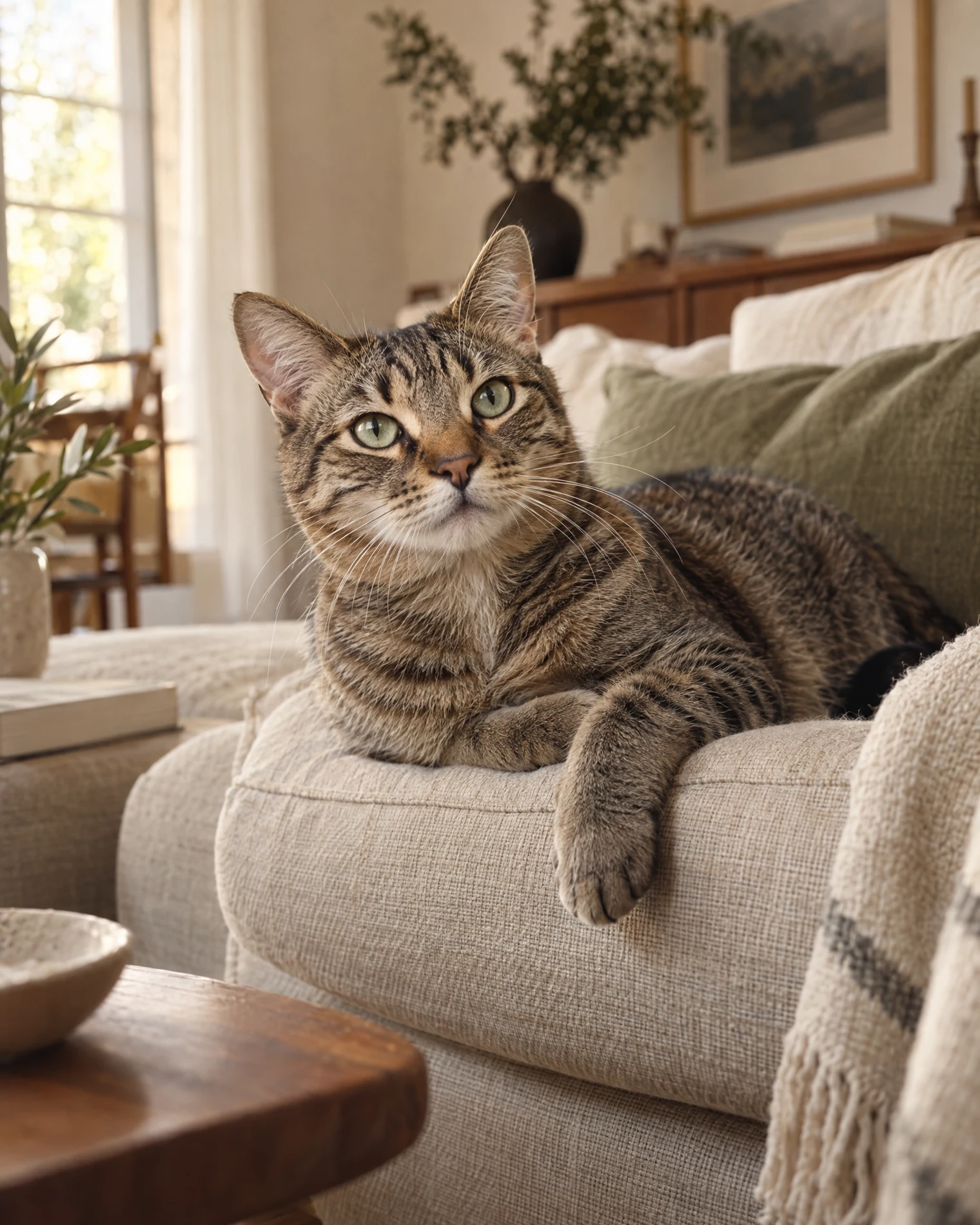Eine entspannte Katze auf einem warmen Leinensofa